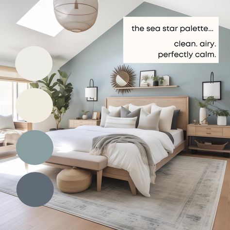 Bedroom Idea Color Schemes, Calming Wall Paint Colors, Color Idea For Bedroom, Calm Coastal Decor, Sea Salt Paint Bedroom, Sea Inspired Interior, Calm Master Room, Calm Interior Design Inspiration, Coastal Bedroom Wall Colors