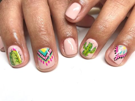 Fiesta Nails, Cactus Nail Art, Cactus Nails, Indian Nails, Gel Polish Designs, Cactus Pictures, Neon Nail Art, Christmas Tree Nails, Boho Nails