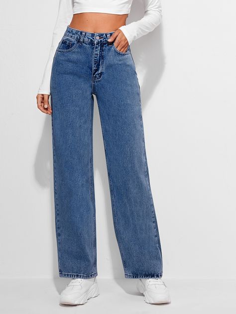 Medium Wash    Denim Plain Wide Leg Embellished Non-Stretch  Women Denim High Waist Straight Jeans, Straight Leg Jeans Outfits, Wide Leg Jeans Outfit, Jeans Outfit Women, Outfit Jeans, Cute Jeans, Teen Fashion Outfits, Cute Casual Outfits, Wide Leg Jeans