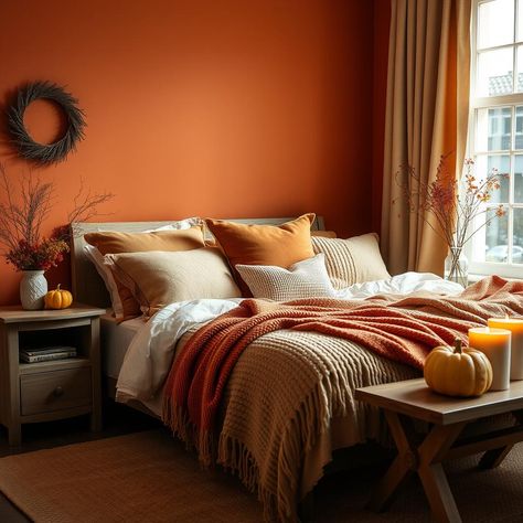 A bedroom decorated with rich, autumnal colors like deep oranges and browns, featuring soft, textured blankets, throw pillows, and seasonal decor like pumpkins and candles, creating a cozy ambiance. Fall Bedroom Colors, Fall Colors Bedroom, Retro Fall Aesthetic, Orange And Brown Bedroom, Aesthetic Fall Bedroom, Fall Decor For Bedroom, Autumn Bedroom Aesthetic, House Decor Fall, Fall Bedroom Aesthetic