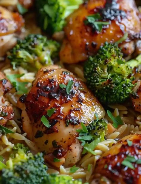 Skillet Chicken Thighs with Broccoli and Orzo Chicken Thighs With Broccoli, Chicken Thigh Broccoli Recipe, Skillet Chicken Thighs, Hot Chicken Salads, Chicken Thighs Dinner, Orzo Recipe, Crispy Chicken Thighs, Thighs Recipe, Ground Beef Casserole