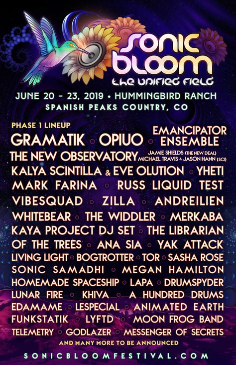 SONIC BLOOM Festival | June 20-23, 2019 | Hummingbird Ranch, CO Sonic Bloom, Yoga Education, American Festivals, Electronic Music Festival, Phase One, Festivals Around The World, Music Festivals, Electronic Music, Music Festival