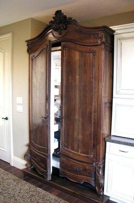 We are restoring an old Victorian house, currently DIY-ing the kitchen remodel… trying to figure out how to hide the refrigerator. Panel ready is expensive! Considering under counter refrigerators and armoire styles! Dold Dörr, Designer Room, Old Victorian House, Room Images, Old Victorian Homes, French Armoire, Budget Decor, Inspiring Interiors, Style At Home