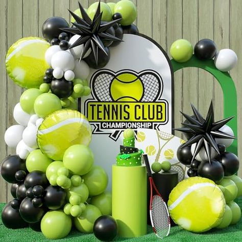 JINNYWOO Tennis Balloon Arch Garland Kit, 103Pcs Tennis Party Balloons Green Black Balloon Garland for Boys Girls Birthday Party Sports Party Gender Reveal Graduation with 4D Starburst Balloons Tennis Gender Reveal Ideas, Tennis Decorations Party, Tennis Backdrop, Baseball Balloon Arch, Tennis Party Ideas, Navy Blue Balloon Garland, Starburst Balloon, Tennis Themed Party, Tennis Things