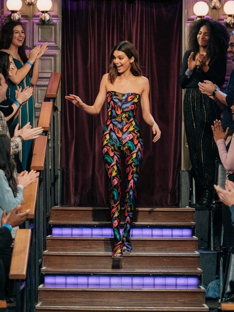 Kendall Jenner James Corden, Kendall Jenner Jumpsuit, Met Gala Outfits, Harry Styles Tattoos, Gala Outfit, Late Late Show, Kendall Style, James Corden, Vintage Jumpsuit