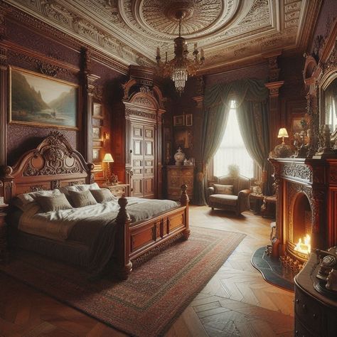 Victorian Bedroom Victorian Bedroom With Fireplace, Victorian Era Bedroom, New Construction Home Ideas Interiors, Old Victorian Bedroom, Victorian Home Aesthetic, Victorian Style Homes Interior, New Construction Home Ideas, Victorian Bedroom Ideas, Victorian Mansion Interior