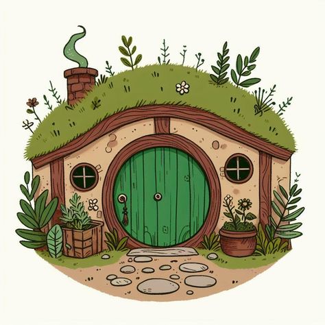 Hobbit House Illustration, Hobbit House Art, Hobbit House Drawing, Hobbit Hole Drawing, Hobbit House Painting, Hobbit Painting, Hole Drawing, House Doodle, Board Quotes