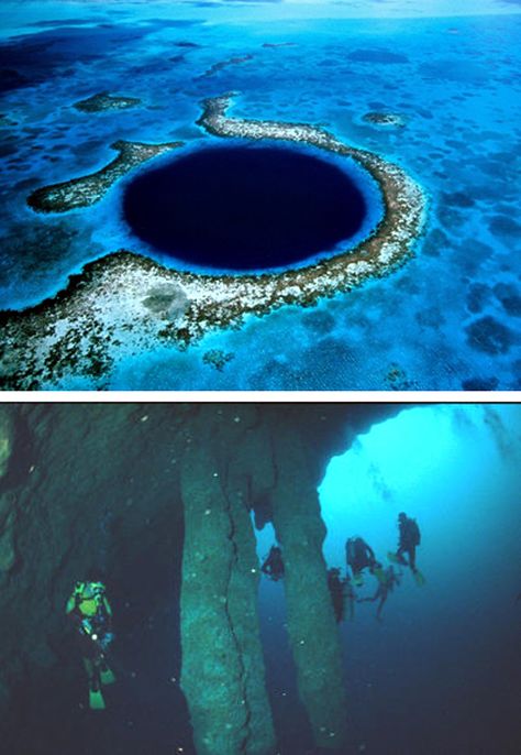 " The Great Blue Hole, Belize " It was formed as a limestone cave system during the last glacial period when sea levels were much lower. As the ocean began to rise again, the caves flooded, and the roof collapsed.Believed to be the world’s largest feature of its kind, the Great Blue Hole is part of the larger Belize Barrier Reef Reserve System Great Blue Hole Belize, Limestone Cave, The Great Blue Hole, Blue Hole Belize, Great Blue Hole, Belize Barrier Reef, Limestone Caves, Cave System, Cave Diving