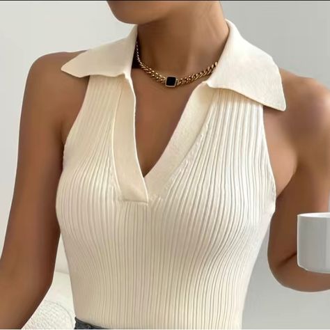 Casual V-Neck Sleeveless Tank Top Couture, Navy Blue Sleeveless Top Outfit, White Top Business Casual, Collared Knit Top Outfit, Polo Tank Top, Polo Tank Top Outfit, Romantic Preppy Style, Affordable Work Clothes For Women, Collared Tank Top Outfit