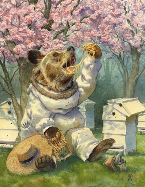 Beekeepr by Chris Dunn Illustration. A grizzly bear eats honey from his apiary. Chris Dunn Illustration, Bear Eating, Bear Illustration, Bee Art, Art Et Illustration, Bear Art, Art Base, Childrens Illustrations, Children's Book Illustration