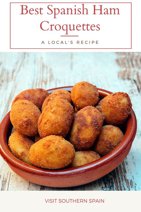 Do you want to try a Spanish Ham Croquettes Recipe? Here's our recipe for one of the most famous Spanish appetizers, the croquetas de Jamon. While visiting Spain, it's almost impossible not to eat them since they are served in every bar or supermarket in the country. The Spanish ham croquettes recipe is incredibly easy to make and requires very few ingredients yet, you'll make the tastiest Spanish tapas ever. #spanishhamcroquettes #spanishcroquettes #hamcroquettes #serranocroquettes Spanish Croquettes Recipe, Spanish Salmon, Shrimp Croquettes Recipe, Veggie Croquettes, Ham Croquettes Recipe, Spanish Croquettes, Shrimp Croquettes, Shrimp Tapas, Croquette Recipe