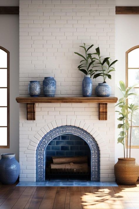 Tile Fireplace Spanish, Fireplace Centered Living Room, Small Brick Fireplace Makeover, Southern Living Fireplace, Vintage Living Room Fireplace, Hacienda Style Fireplace, Blue Tiled Fireplace, Small Room Fireplace, Small Brick Fireplace