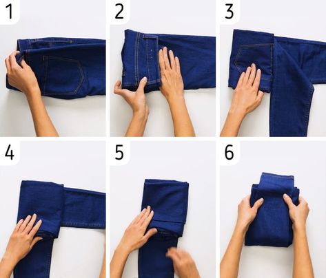 How to Fold Clothes Compactly Compact Packing Clothes, How To Fold Blue Jeans, How To Fold Pants For Travel Suitcases, Packing Jeans In A Suitcase, Compact Folding Clothes, Travel Folding Clothes, How To Fold Clothes For Packing, Pack Jeans In A Suitcase, Best Way To Fold Clothes For Suitcase