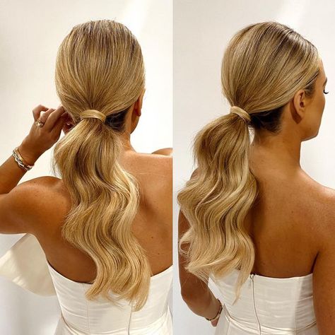 Anna Sullivan | Editorial + Bridal Hairstylist on Instagram: "WHEN TO WEAR A PONYTAIL ✨ - your next holiday party - date night - to see family on Christmas day - when you’re a wedding guest - going out on NYE - staying in on NYE never a wrong time to throw your hair back. I always wrap a piece of hair and pin it to the base of the ponytail to make it a little fancier. I’ve been loving my ponytails sleek, but keep some face-framing pieces out for a softer, less *up* look! #annasullivanhair # Slick Back Ponytail Wedding, Sleek Ponytail Updo, Sleek Bridal Ponytail, Low Pony Wedding Hair, Bridal Hair Ponytail, Ponytail Hairstyles For Wedding, Ponytail Bridal Hair, Christmas Party Hair, Wedding Ponytail Hairstyles