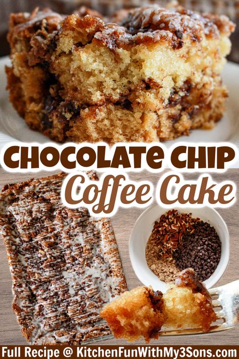 This Chocolate Chip Coffee Cake is so moist and delicious! Perfect for breakfast with a hot cup of coffee and so simple to make. Chocolate Chip Coffee Cake, Breakfast With Coffee, Coffee Cake Loaf, Crumb Cakes, Breakfast Cakes, Chocolate Cake With Coffee, Coffee Bread, Coffee Cake Muffins, Dessert Cakes