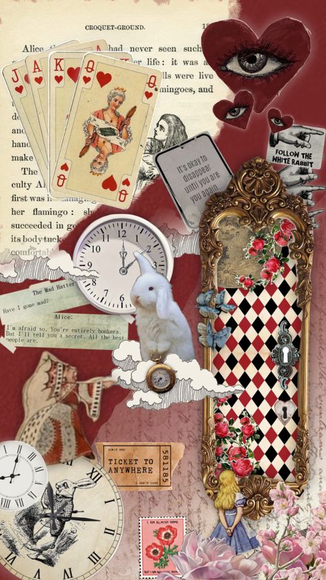 #myfirstshuffle #aliceinwonderland #queenofhearts #aestheitc #moodboard #whiterabbit #clocks Queen Of Hearts Wallpaper Aesthetic, Queen Of Hearts Moodboard, Queen Of Hearts Aesthetic Wallpaper, Wonderland Core, Queen Of Hearts Aesthetic, Sneaker Painting, Have I Gone Mad, Kindle Cases, Heart Collage