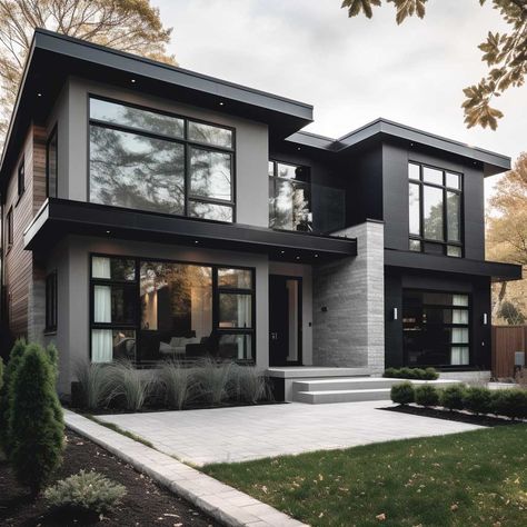 12 Grey House with Black Trim Inspirations for a Striking Facade • 333 Images • [ArtFacade] House With Black Trim, Gray House Exterior, Fall Bloxburg, Black Houses, A Modern House, Floor Bloxburg, Dark Modern, Grey House, Contemporary House Exterior