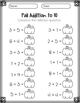 Fall addition within 10 worksheet | Adding within 10 | TPT First Grade Math Homeschool, Fall Homeschool Worksheets, Thanksgiving Addition Kindergarten, 1st Grade Addition Worksheets, Fall Worksheets For 1st Grade, Fall Activities For 1st Grade, Preschool Fall Activities, October Math Activities, 1st Grade Addition