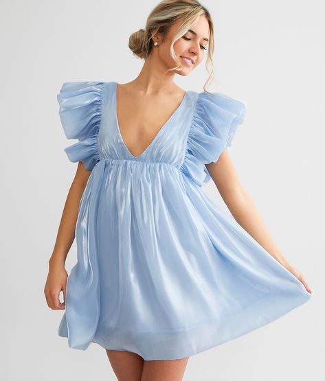 Storia Deep V-Neck Sheen Mini Dress - Women's Dresses in Sky Blue | Buckle Homecoming Dresses Flowy, Sorority Dresses, Blue Babydoll Dress, Rush Outfits, Cute Formal Dresses, Rush Dresses, Eye Details, Sky Blue Color, Dress Pleated