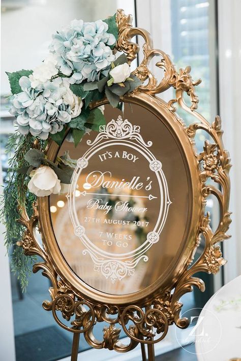 Mirror Baby Shower Sign, Bridgerton Theme Baby Shower Ideas, Baby Shower Welcome Sign Mirror, Formal Baby Shower Ideas, Baby Shower Mirror Sign, Bridgerton Baby Shower Theme Boy, Old Money Baby Shower Theme, Victorian Baby Shower Ideas, Elegant Baby Shower Ideas For Boys