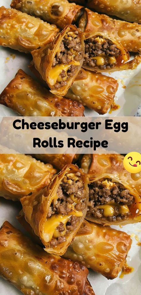 Cheeseburger Egg Rolls are a delicious snack with crispy wrappers and savory beef filling. Perfect for any gathering! Recipes Using Egg Roll Wrappers, Cheeseburger Egg Rolls Recipe, Cheeseburger Egg Rolls, Egg Rolls Recipe, Homemade Cheeseburgers, Egg Roll Recipes, Best Appetizer Recipes, Egg Roll, Best Appetizers