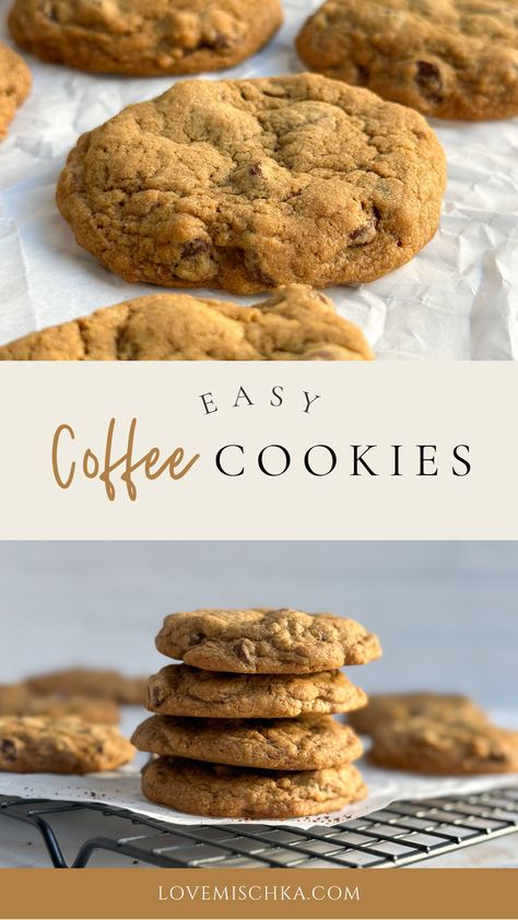 On top, a close up of a golden brown, soft coffee cookie with chocolate chips inside and a crispy outside. On the bottom, underneath "easy coffee cookies" is a stack of golden brown coffee cookies with chocolate chips on a sheet of parchment paper on a black wire rack with several other coffee cookies behind it. Essen, Coffee Ground Cookies, Cappuccino Cookies Recipe, Easy Coffee Cookie Recipes, Cookies With Instant Coffee, Coffee Oatmeal Cookies, Instant Coffee Cookies, Healthy Coffee Cookies, Recipes Using Instant Coffee