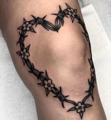 Elbow Barbed Wire Tattoo, Traditional Knee Wrap Tattoo, Heart Spiderweb Knee Tattoo, Barb Wire With Flowers Tattoo, Balance And Composure Tattoo, Barbwire Heart Tattoo Knee, Heart Around Knee Tattoo, Above Knee Traditional Tattoo, Barbwire Knee Tattoo