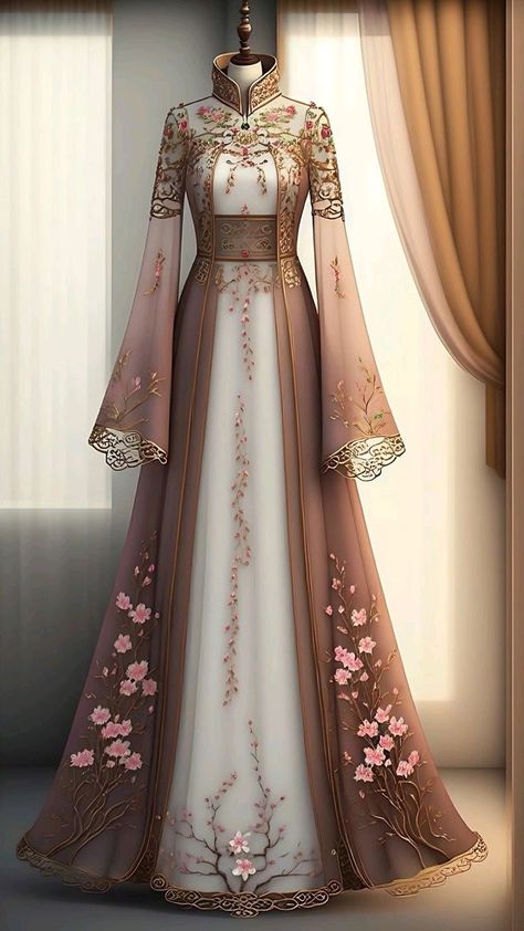 Ancient Dress, Long Frock Designs, Water Movement, Chinese Style Dress, High Fashion Dresses, Fashion Sketches Dresses, Fantasy Dresses, Dress Design Sketches, Muslim Fashion Dress