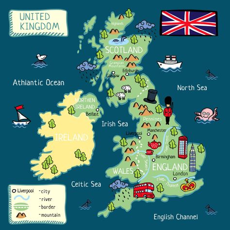 Map Cartoon, Geography Vocabulary, United Kingdom Map, Cartoon Map, Gallery Wall Art Prints, Liverpool City, Work Space Organization, Irish Sea, Birmingham England