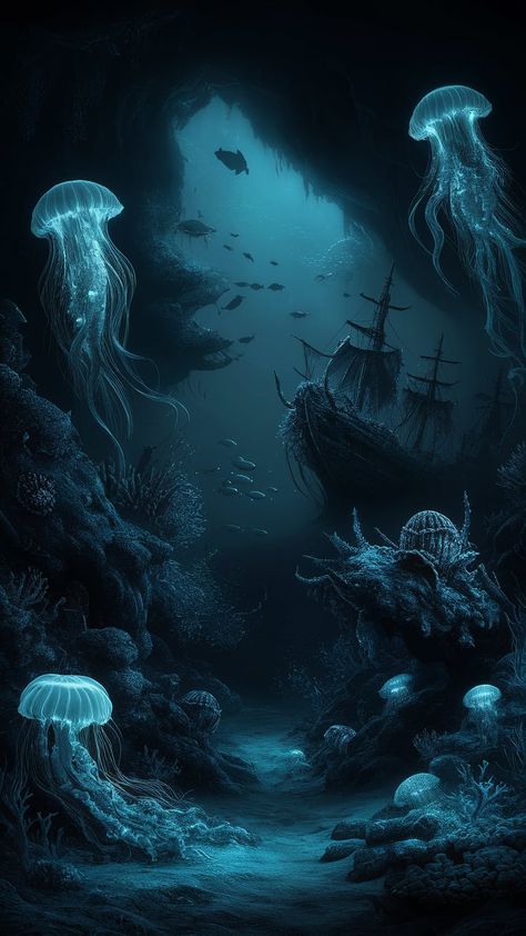 Immerse yourself in the haunting beauty of the deep sea with our latest dark-themed ocean wallpaper. This ethereal underwater scene is bathed in moody, deep blue hues, descending into almost-black, mysterious abyssal waters. Illuminated jellyfish with trailing luminescent tentacles float gracefully among ghostly shipwrecks encrusted with barnacles. Shadowy schools of fish dart through the scene, while the textured ocean floor reveals scattered corals, seaweed, and hints of lost treasures. Soft, bioluminescent glows emanate from various sea creatures and plants, casting an eerie, magical light that contrasts against the pitch-dark surroundings. Dive into this mysterious and wondrous world, where every detail invites you to explore the enigmatic depths of the ocean. Under The Water Wallpaper, Sea Witch Wallpaper, Dark Sea Aesthetic Wallpaper, Dark Ocean Themed Bedroom, Ocean Grunge Aesthetic, Ocean Deep Underwater, Dark Sea Creatures, Ocean Asthetics Wallpaper, Mysterious Wallpaper Dark