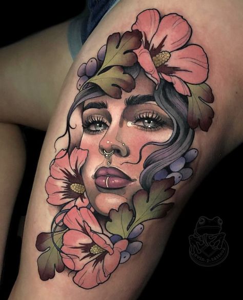 Neo Traditional Face Tattoo, Neotrad Woman Tattoo, Neo Traditional Lioness Tattoo, Neo Traditional Leg Sleeve Women, Lady Face Flowers Tattoo, Neo Traditional Tattoos Women Faces, Neotrad Lady Face, Neo Traditional Portrait Tattoo, Neo Trad Lady Face