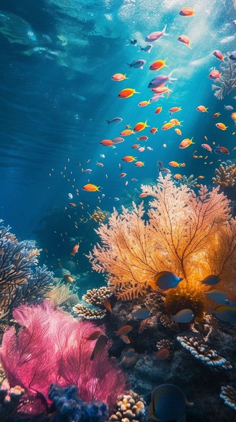 Underwater Tropical Serenity: A mesmerizing underwater world bustling with colorful marine life and vibrant coral formations. #ocean #coral #fish #underwater #marine #aiart #aiphoto #stockcake ⬇️ Download and 📝 Prompt 👉 https://ayr.app/l/EMZE Underwater Marine Life, Summer Themed Wallpaper, Coral Reef Photography, Ocean Life Photography, Underwater Drawing, Underwater Flowers, Ocean Art Painting, Underwater Wallpaper, Underwater Background