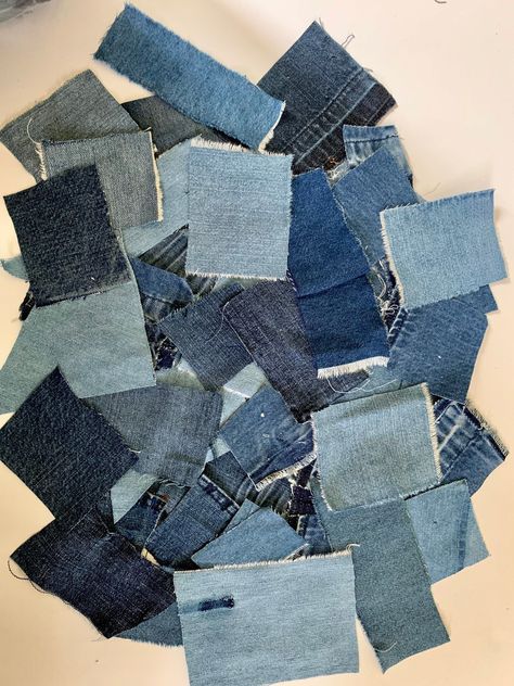 Upcycle denim scraps into stylish and functional home decor, accessories, and gifts. Learn how to sew with denim, dye denim, and #Upcycling #Patchwork #Scrap_Fabric_Aesthetic #Vintage_Denim_Aesthetic Scrap Fabric Aesthetic, Recycle Denim Bag, Vintage Denim Aesthetic, Denim Mood Board, Denim Moodboard, Denim Collage, Recycle Fabric Scraps, Doctor Faustus, Fashion Upcycle