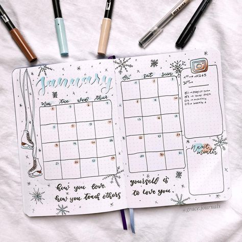 grace 🪐 (@grace.journals) • Instagram photos and videos Bujo Winter Theme, December Bullet Journal Calendar, 2023 Journaling, January Journal, Ice Theme, 2024 Bujo, Ideas Journal, January Bullet Journal, Journaling Inspiration