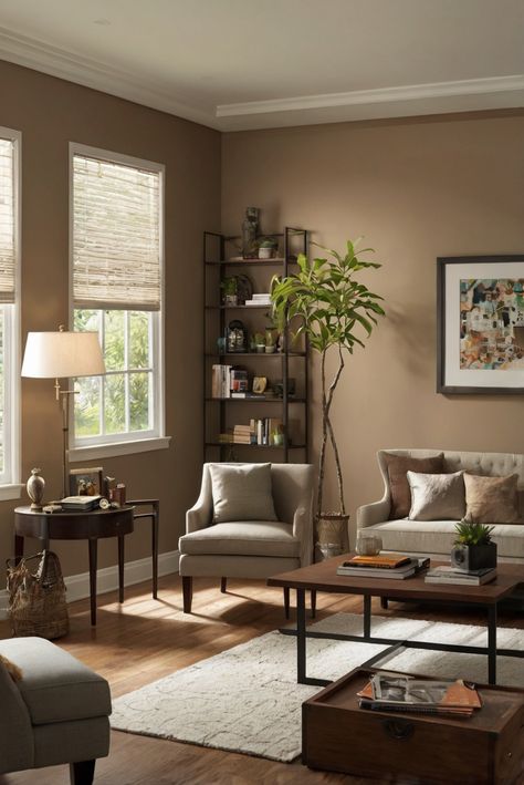 Explore the daily routine of an interior designer, revealing the beauty of Ashen Tan color scheme with its earthy warmth. Dive into the world of Subdued Tan for a cozy and inviting space in 2024. #Ad #homedecor #homedesign #trendgirlApartment #Painthome #interiorarchitecture Wall Colors Green Room Colors Bright Room office Colors Apartment Renovation Home office Remodeling Modern Paint Colors 2024 Wall Color Ideas Brown, Tan Home Interior, Brown Paint For Living Room, Brown Walls Office, Brown Room Paint, Green And Tan Walls, Earthy Wall Colors, Brown Wall Living Room, Tan Interior Design