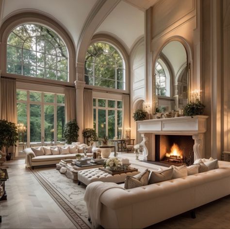 Modern Living Room Asthetics, Old Money House Living Room, Pretty Dining Rooms, Living Room Designs High Ceilings, French Chateau Living Room, Tall Windows Living Room, Huge Family Room, Italian Living Room Decor, Estate Living Room