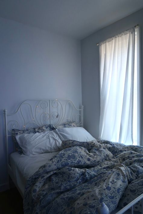 Ikea Princess Bed, Ikea Bed Aesthetic, Blue Aesthetic Bed, Blue Bedsheets Aesthetic, Blue Sheets Aesthetic, Bed Blue Aesthetic, Twin Bed Aesthetic, Princess Bed Frame, Cozy Bed Aesthetic