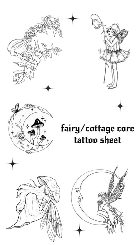 fairy tattoo sheet Core Tattoo, Cottagecore Tattoo, Fairy Cottage Core, Tattoo Sheet, Cottage Witch, Witch Tattoo, Fairy Cottage, Fairy Tattoo, Fairy Core