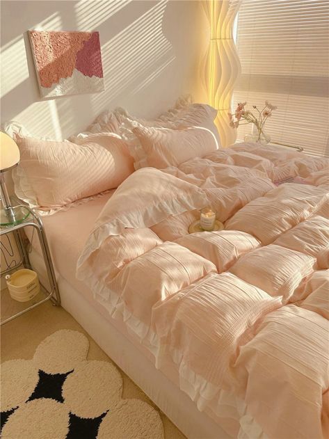 Ruffle Pink/yellow Duvet Cover Set, Pink Cotton Princess Bedding - Etsy Comfy Pink Bed, Pastel Pink Bed, Pink Bedding Aesthetic, Pink Princess Bedding, Yellow Duvet Cover, Princess Bedding, Yellow Duvet, Duvet Covers Yellow, Pink Duvet