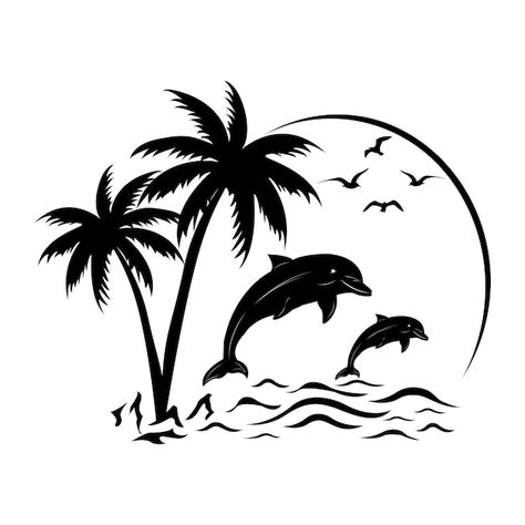 Hawaii Svg, Tropical Svg, Palm Tree Svg, Dolphin Silhouette, Ocean Svg, Palm Tree Drawing, Palm Tree Sunset, Beach Svg, Svg Summer