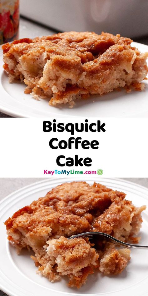 Two images of a slice of Bisquick coffee cake, with title text between the two images. Easy Bisquick Recipes Desserts, Bisquick Cookie Recipes, Bisquick Bread Recipes, Bisquick Recipes Dessert, Bisquick Dessert Recipes, Bisquick Meals, Bisquick Desserts, Recipes Using Bisquick, Gluten Free Bisquick Recipes