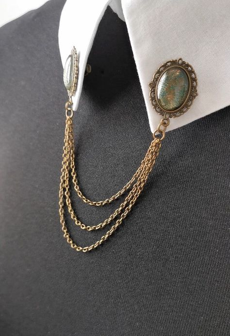 Collar Pins, Bronze Metal Chains, Collar Chain Pins for Shirts With Oval Glass Cabochons in celtic Shade - Etsy Canada Storm Fashion, Shirt Collar Pins, Collar Pin, Collar Chain, Collar Pins, Bronze Metal, Vintage Stuff, Fantasy Jewelry, Clothes Ideas