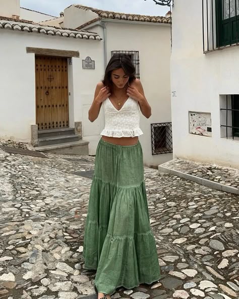 Greece Fits Aesthetic, Greece Inspo Outfits, Beach Outfits Pants, Greece Clothes Aesthetics, Mamma Mia Outfit Aesthetic, Mama Mia Fits, Summer Flowy Tops, Long Skirt Outfits For Summer Aesthetic, Flowy Skirt Aesthetic