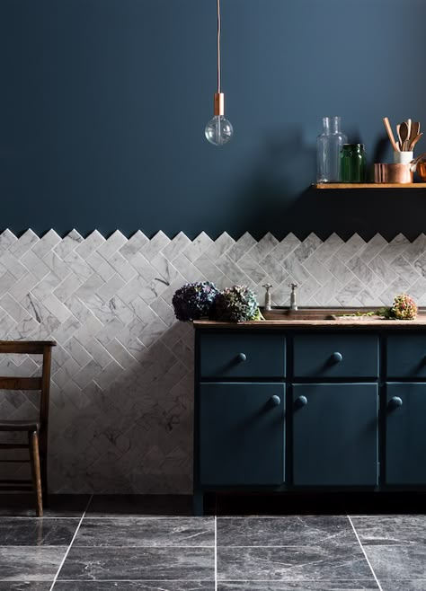 Carrara Polished Marble & Black Emperador Honed Marble tiles in this kitchen interiors. Love!! Honed Marble Tiles, Colorful Kitchen, Tile Designs, Scandinavian Interior Design, Blue Kitchens, Tile Ideas, Kitchen Floor, Black Kitchens, Style At Home