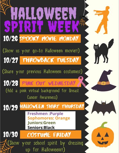 This is my highschools virtual upcoming spirit week for 2020. Because everything is online, i recommend creating a Padlet to allow students to share there pictures. October Spirit Week Ideas, Thanksgiving Spirit Week Ideas, Thanksgiving Spirit Week, Spirit Week Flyer, Holiday Spirit Week, Spirit Week Ideas, Spirit Week Themes, Spirt Halloween, Spirit Day Ideas