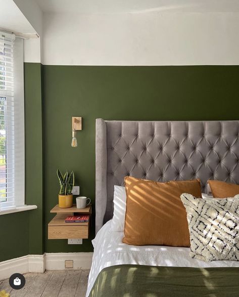 Olive Green Paint, Olive Green Bedrooms, Olive Green Paints, Half Painted Walls, Green Wall Color, Olive Green Walls, Feature Wall Bedroom, Bedroom Color Combination, Bedroom Colour Palette