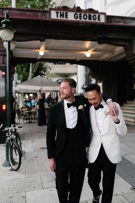 Az and Jamie: A Vanity Fair Wedding Gay Wedding Suits, Wedding Party Makeup, Gay Wedding Photography, Gay Wedding Photos, Fair Wedding, Gay Weddings, Queer Weddings, Black And White Suit, Groom Poses