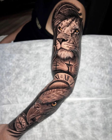 Lion Arm Tattoo Men Sleeve, Sleeve Tattoos For Men, Half Sleeve Tattoos, Father Tattoos, Lion Tattoo Sleeves, Half Sleeve Tattoos Drawings, Full Tattoo, Money Tattoo, Men Tattoos Arm Sleeve