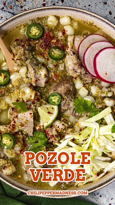 Pozole Verde served in a big bowl. Pozole Recipe Pork, Pasole Recipe, Pozole Verde Recipe, Pork Verde, Green Pozole, Pork Posole, Green Chili Stew, Posole Recipe, Pozole Verde