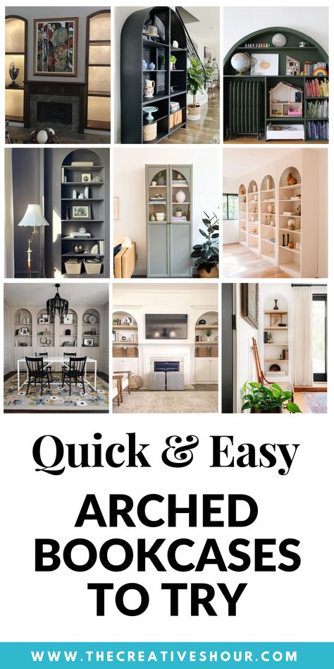 Enter the arched bookcase – a true architectural marvel that seamlessly blends elegance, craftsmanship, and practicality. In this article, we'll explore the world of arched bookcases, from DIY projects to built-in installations, and discover how these exquisite pieces can transform various spaces, from living rooms to offices. Ideas For Built In Shelves Living Room, Diy Faux Built In Bookcase, Doll Display Cabinet, Arch Bookcase Diy, How To Build An Arched Bookshelf, Arch In Wall Built Ins, Arched Bookshelf Diy, Arched Built In Bookcase, Bookshelves Beside Fireplace